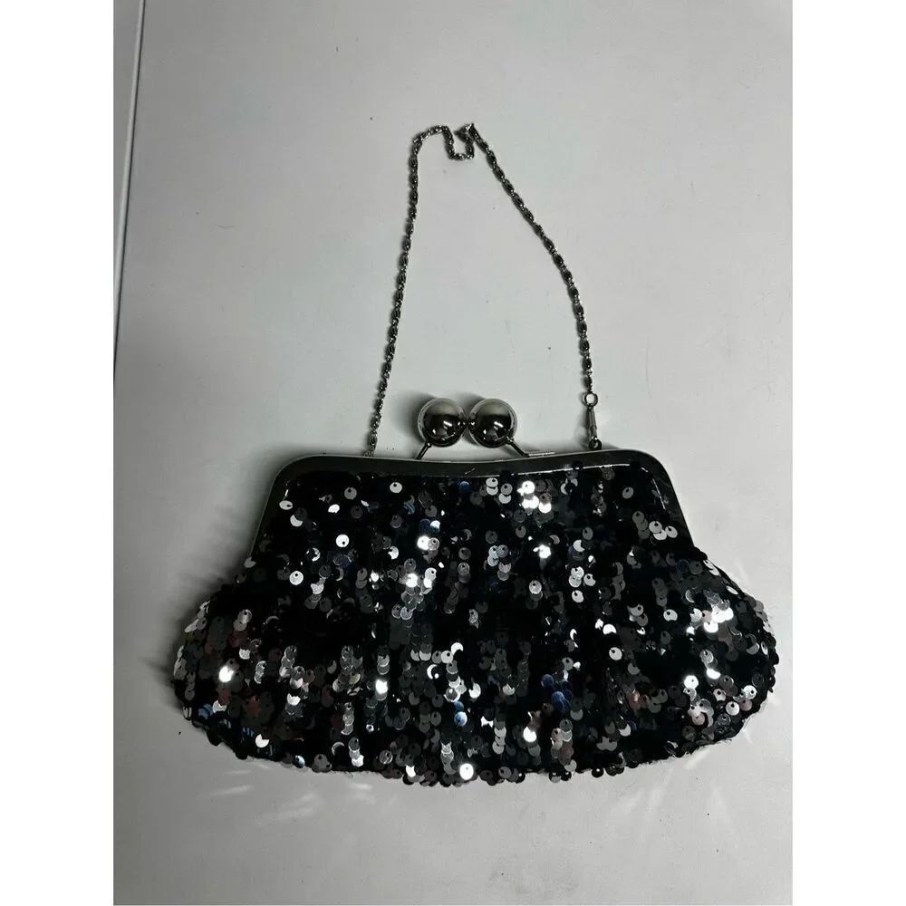 Black Silver Sequin Kiss Lock & Chain Mini Purse Clutch